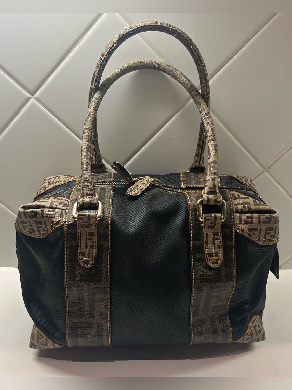 FENDI Zucca FF Logo Handbag Boston Bag Tote PVC Leather USED Auth #aq82267